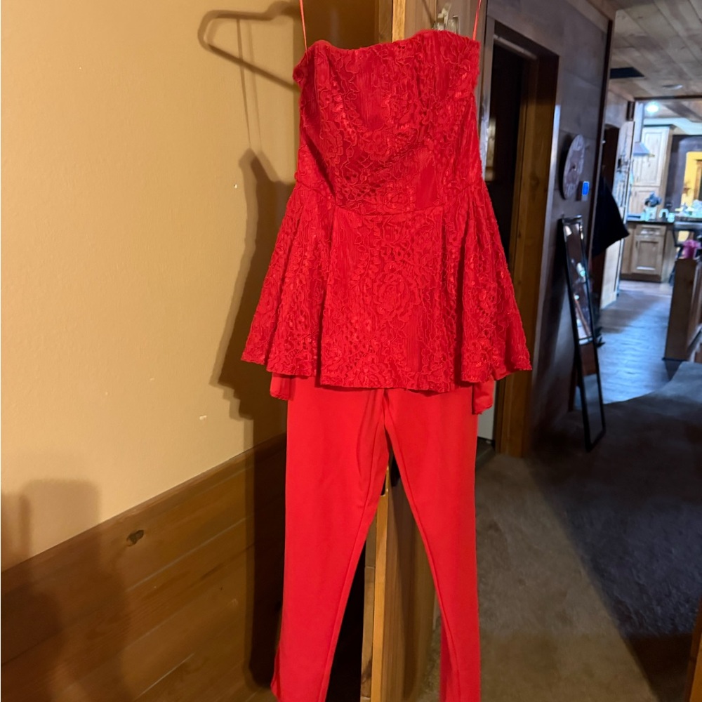 VENUS Red Lace Strapless Peplum Jumpsuit